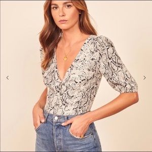 Reformation Snakeskin Button Mid Length Sleeve Top